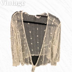 Vintage Fishnet Bobble Tie-Up Cream Crop Cardigan